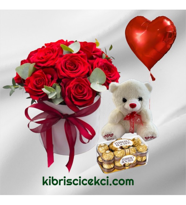 Kutuda 9 Kırmızı Gül Ayıcık 16'lı Ferrero Çikolata Kalp Helyum Balon